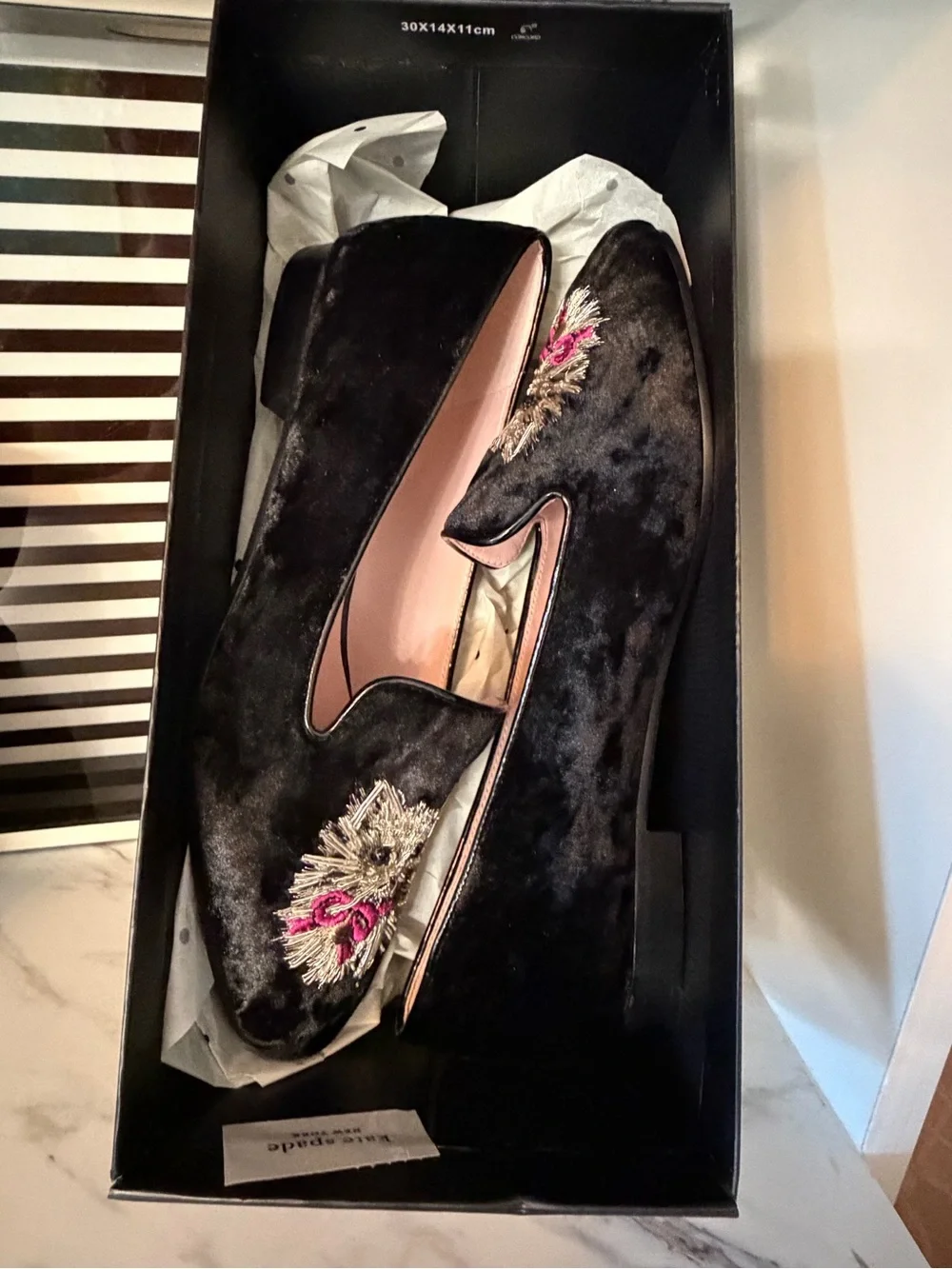 Kate Spade Lounge Loafer Whiskers Black Velvet Cat Shoes Size 8
